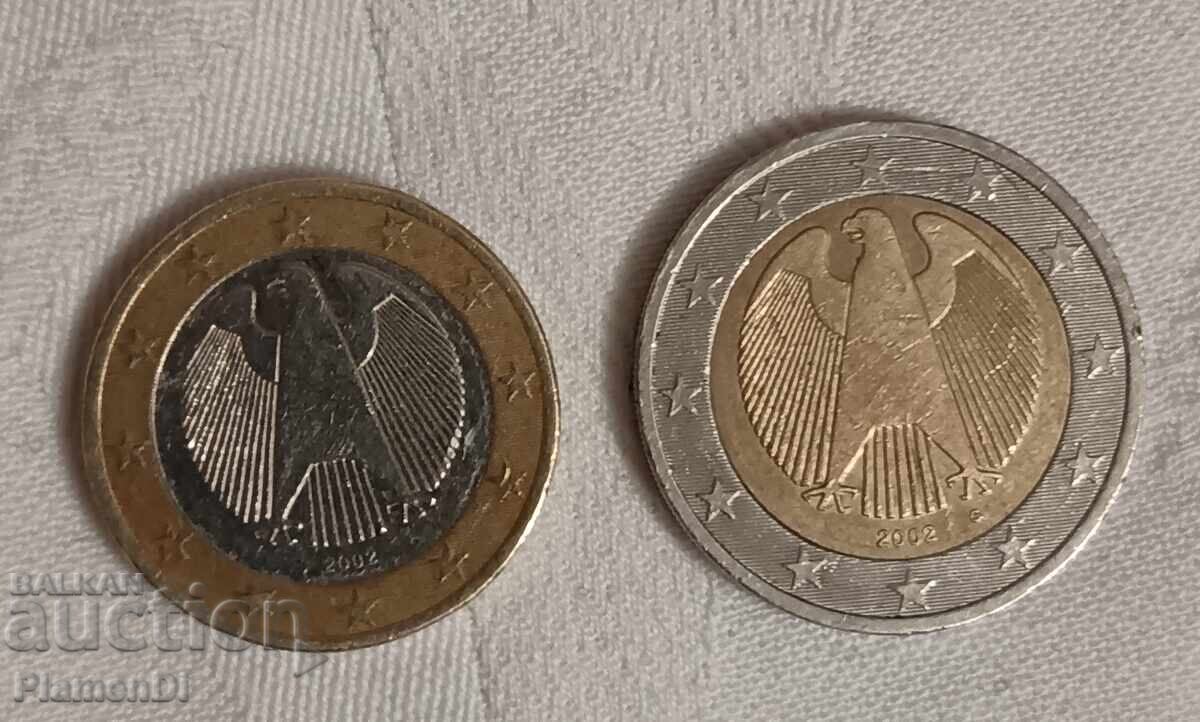 Лот от 2 монети от 1 и 2 Евро Германия 2002година
