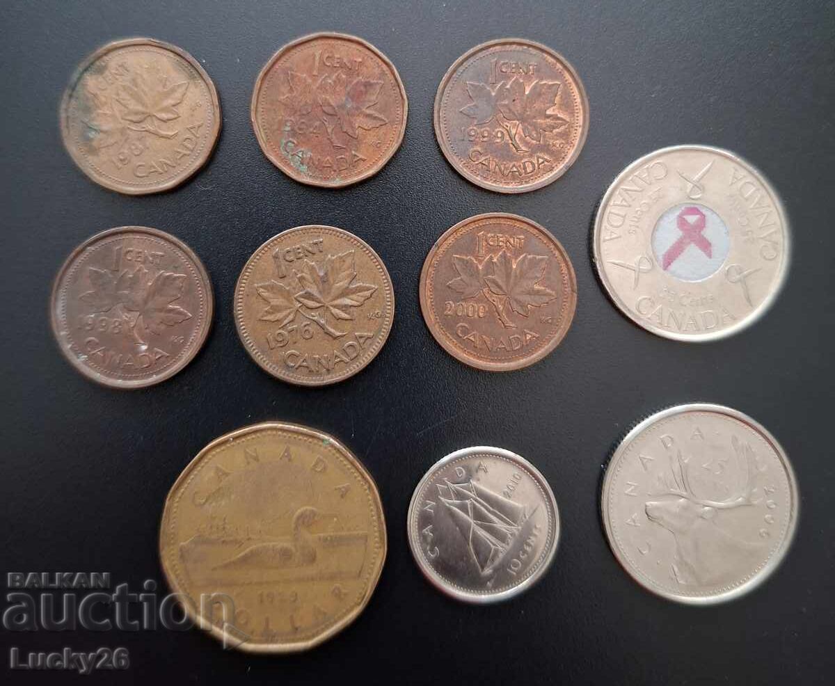 Lot of 10 Canadian cents and dollars 1976 - 2010