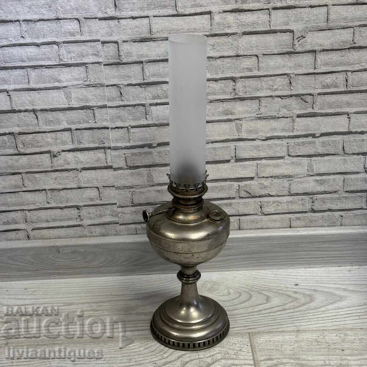 Lampă mare vintage din aluminiu cu gaz, cu coș de sticlă