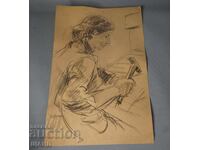 Стара Майсторска рисунка жена кове с чук