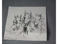 Стара Майсторска рисунка картина туш коне