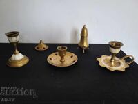 Lot of old bronze candlesticks with mother-of-pearl
