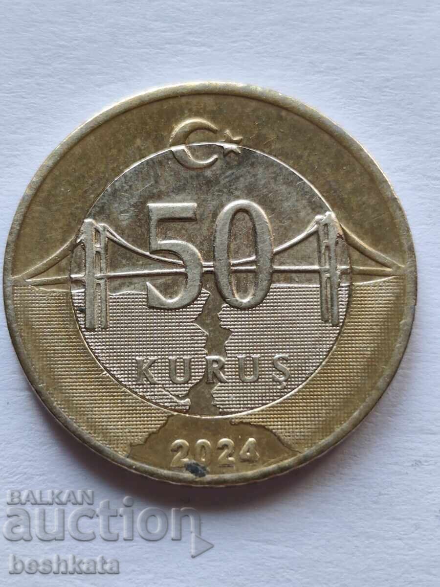 Turcia - 50 kuruş (2024) cu preț € 0.47 | 0.92 BGN