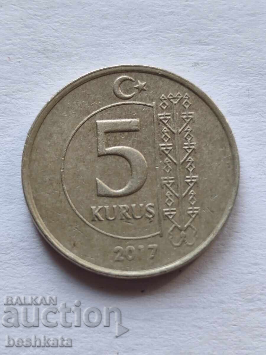 Turcia - 5 kuruş (2017) cu preț € 0.42 | 0.82 BGN