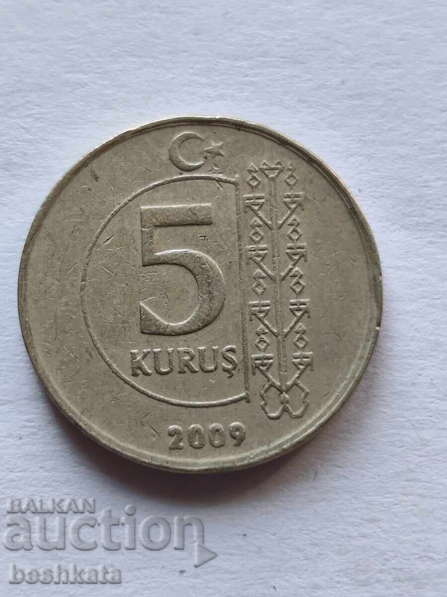 Turcia - 5 kuruş (2009) cu preț € 0.12 | 0.23 BGN