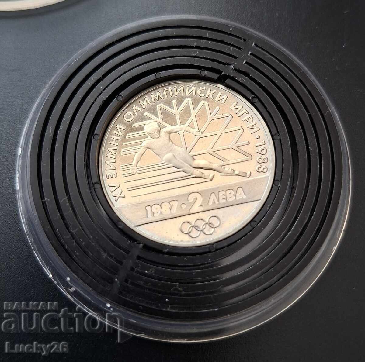 2 leva, Bulgaria 1987, 15 Jocuri Olimpice de Iarnă 1988 2 leva, Bulgaria 1987, 15 Jocuri Olimpice de Iarnă 1988