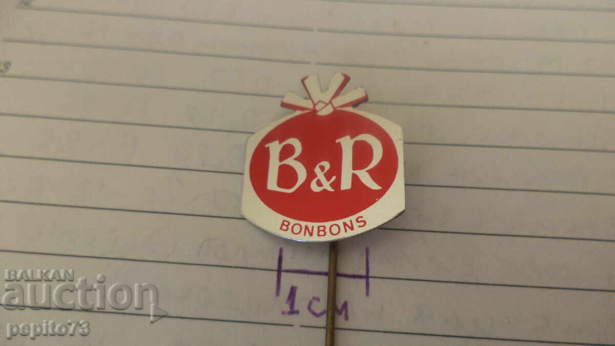 Advertising badge, B&R bonbons, confectionery brand with price € 1.00 | 1.96 BGN