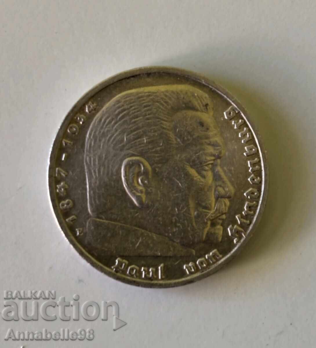 ΣΠΑΝΙΟ! 5 Ράιχσμαρκ 1936 E - Ασήμι - Σβάστικα - Μικρή κυκλοφορία