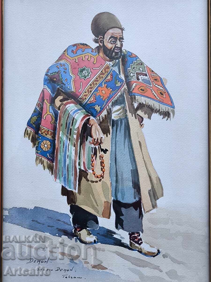 Iran - Două acuarele rafinate cu vânzători de covoare - 5