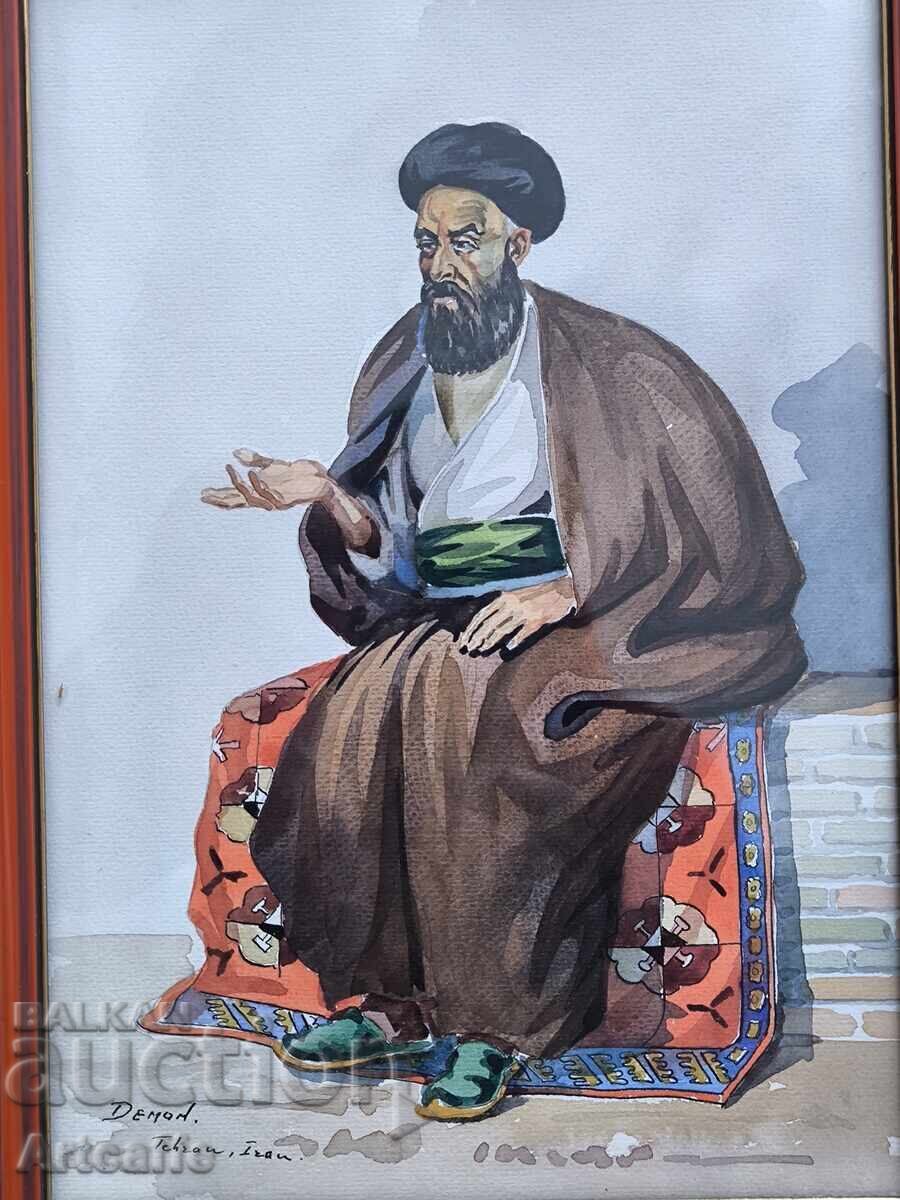 Iran - Două acuarele rafinate cu vânzători de covoare - 6