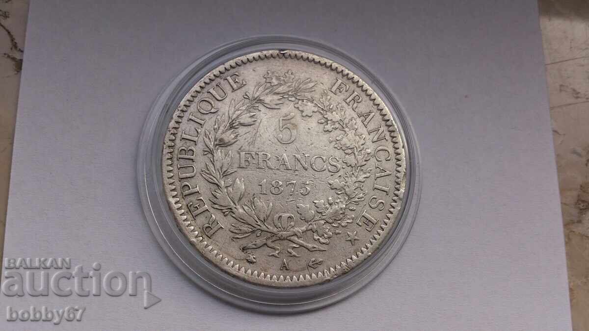 Сребърна монета от 5 франка 1875 година - Франция с цена € 62.00 | 121.26 лв.