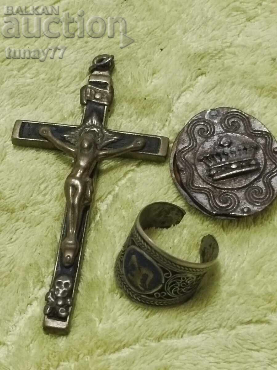 Lot triplu inel rar Cruce bronz și altele