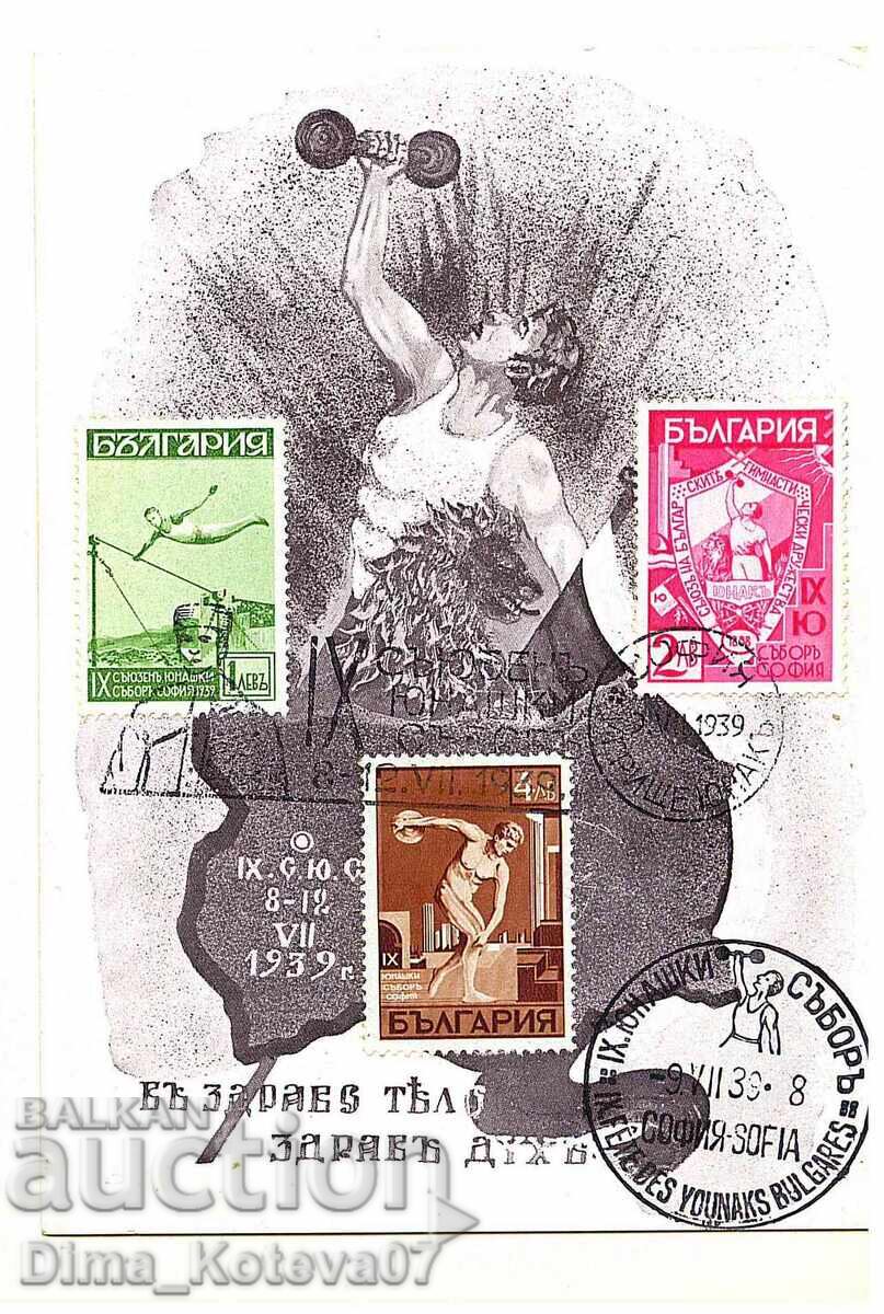 Carte poștală rară Adunarea Tinerilor Viteji, marcă litografiată, necirculată