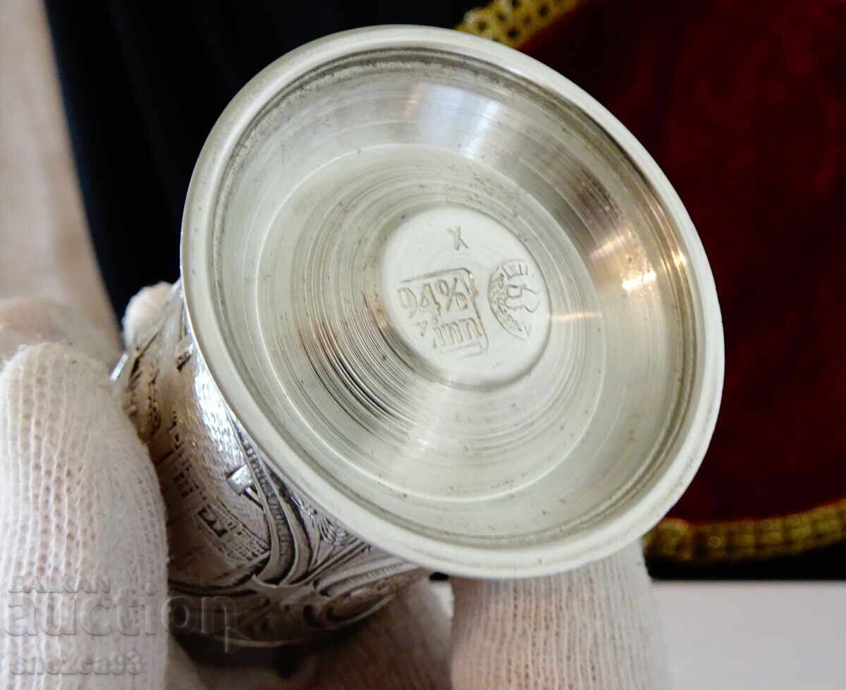 Ceașcă de vin din cositor, picturi rustice în relief - 6