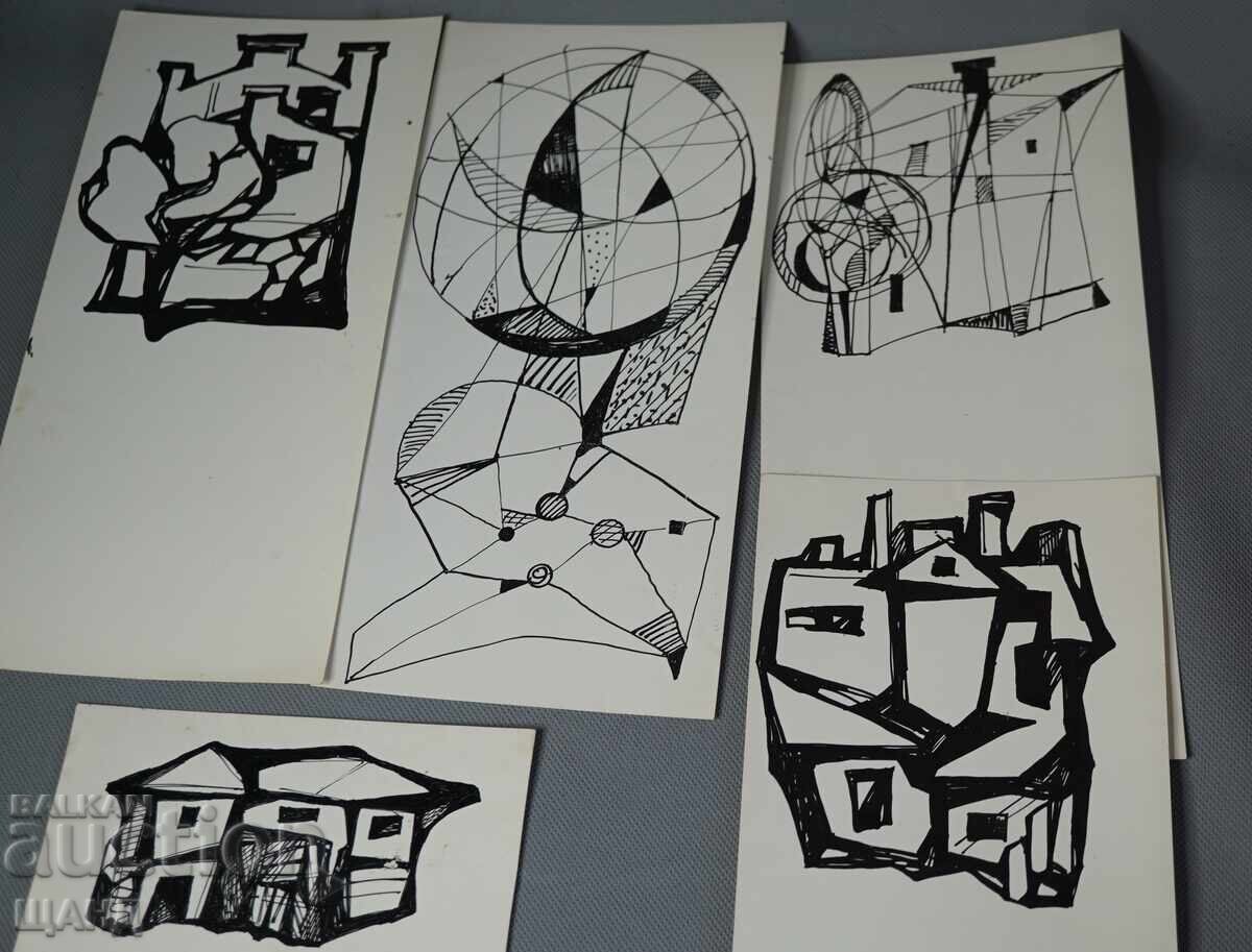 Lot 5 Desene Vechi de Maestru tuș abstracție case cu preț € 4.45 | 8.70 BGN