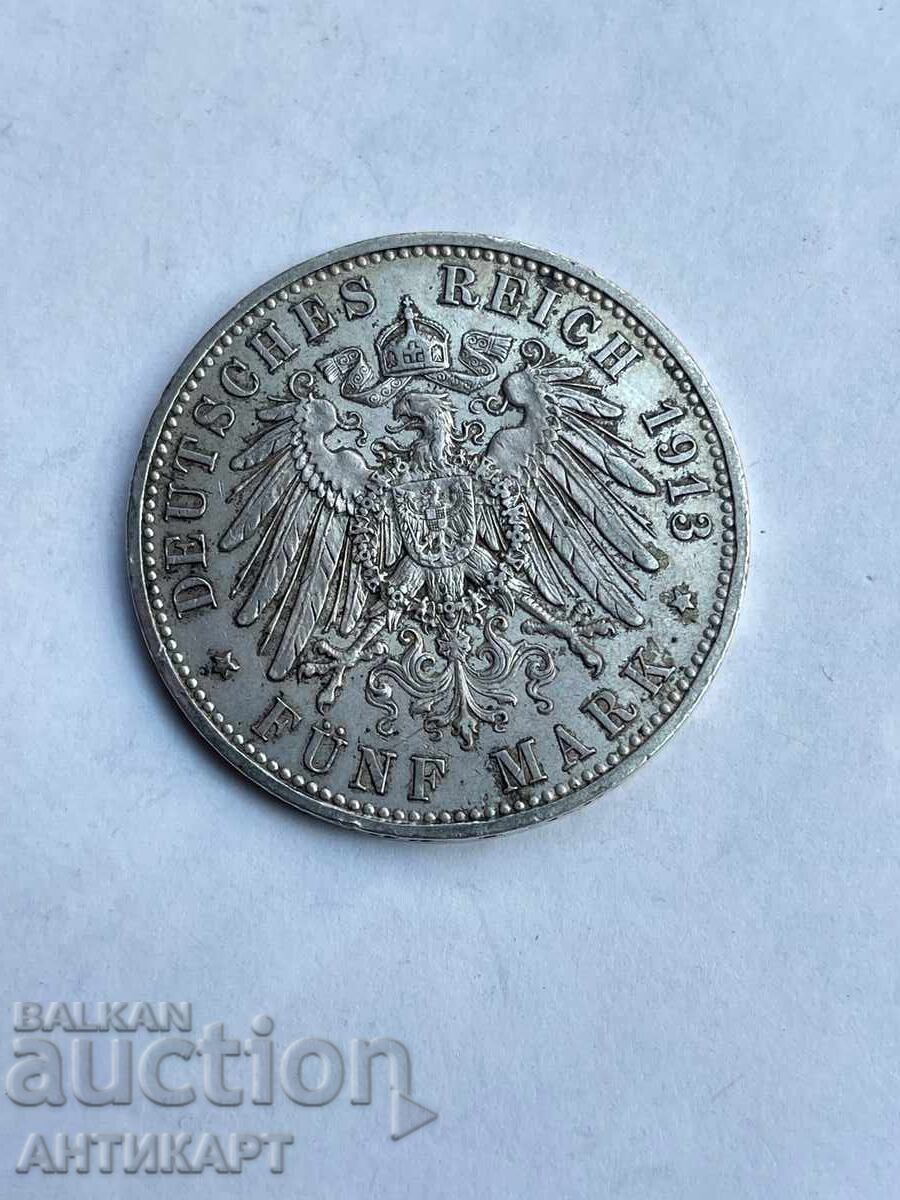 Аукцион сребърна монета 5 марки 1913 Германия  Prussia