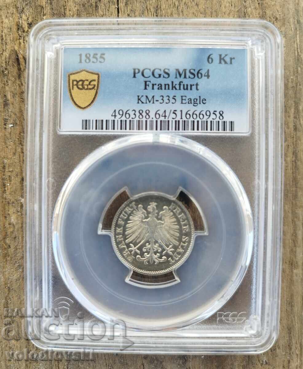 Licitație 1855 Frankfurt 6 Kreuzer PCGS MS64 - TOP POP Raritate