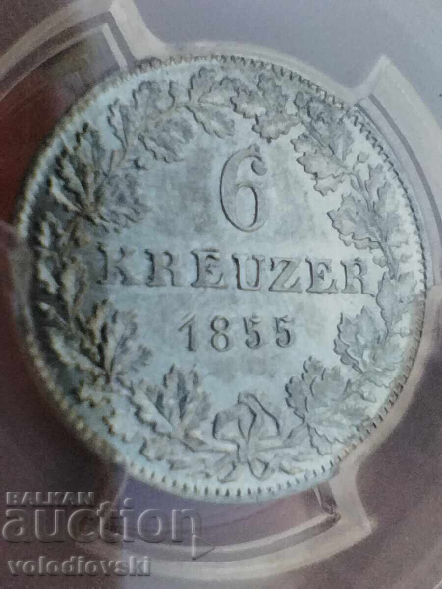 1855 Frankfurt 6 Kreuzer PCGS MS64 - TOP POP Rarity - 5