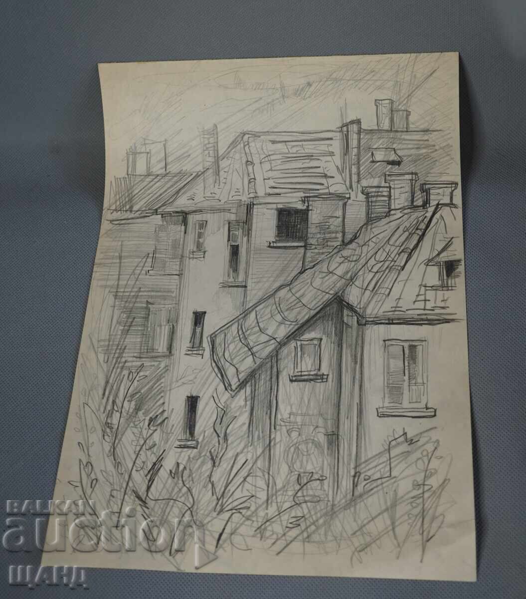 Стара Майсторска рисунка молив градски пейзаж къщи