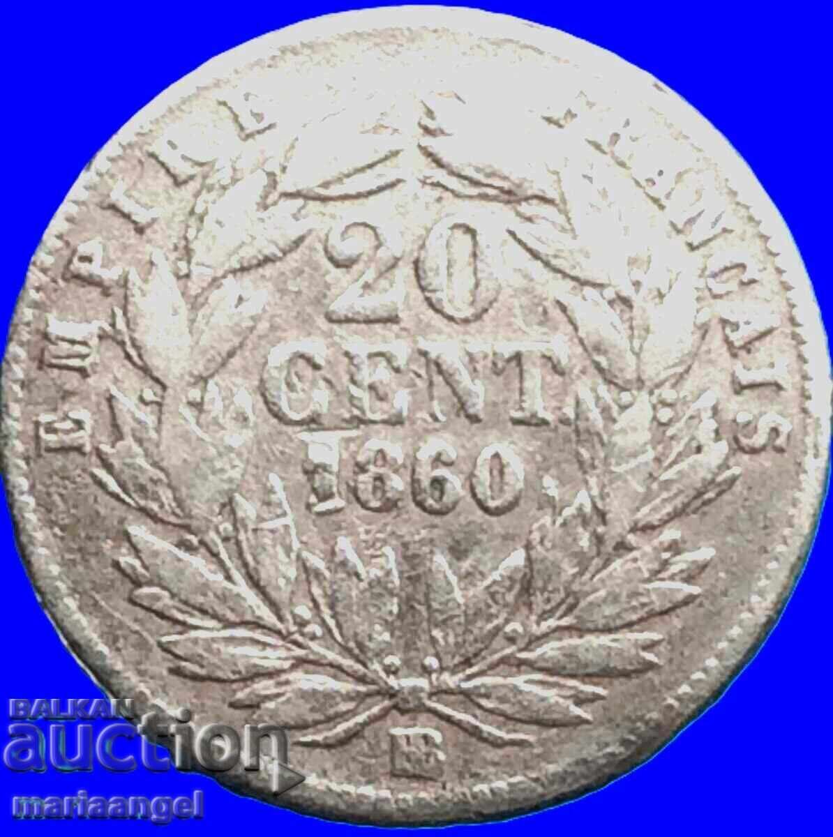 20 centimes 1860 Franta Strasbourg Napoleon III argint - 6