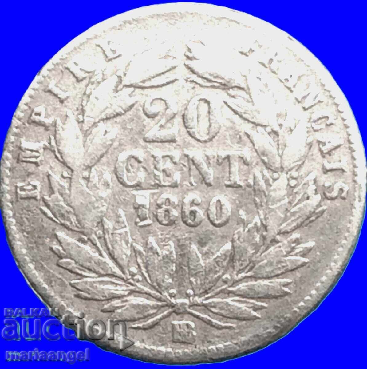 20 centimes 1860 Franta Strasbourg Napoleon III argint - 7
