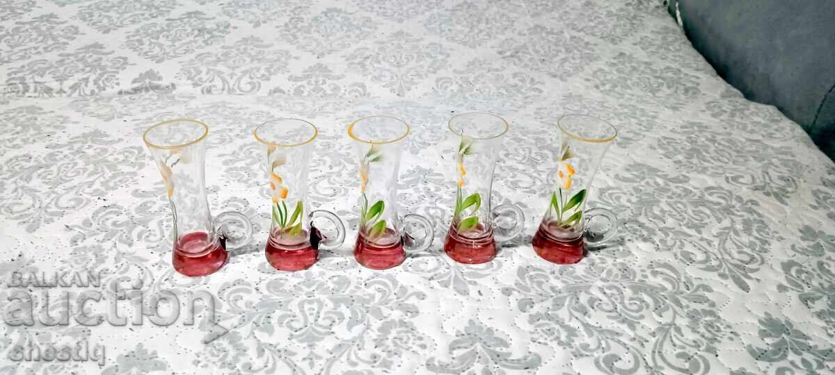 Set retro pahare pentru lichior/țuică, sticlă pictată manual