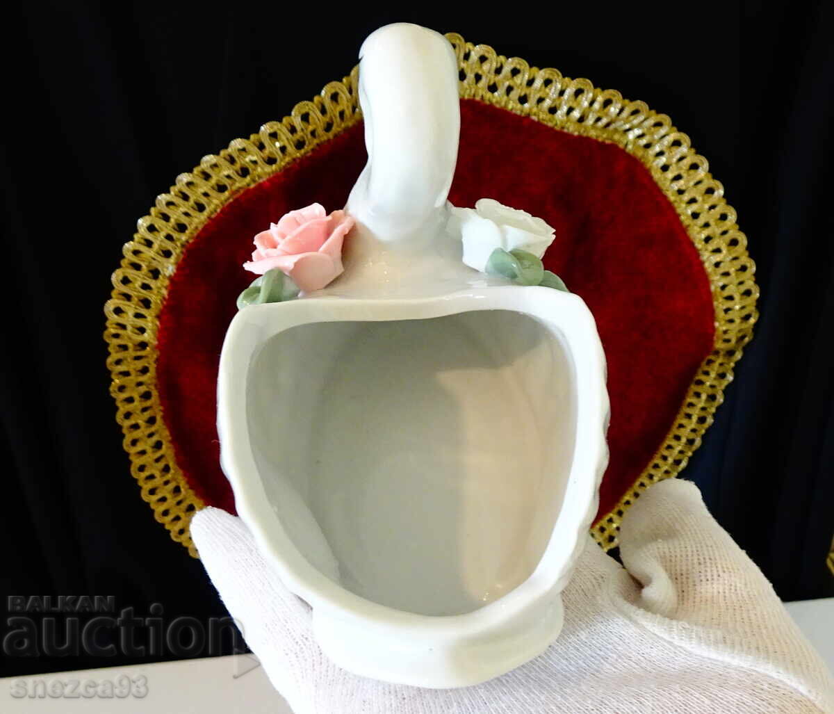 Lebădă figurină porțelan, bijutieră cu trandafiri, aur - 5