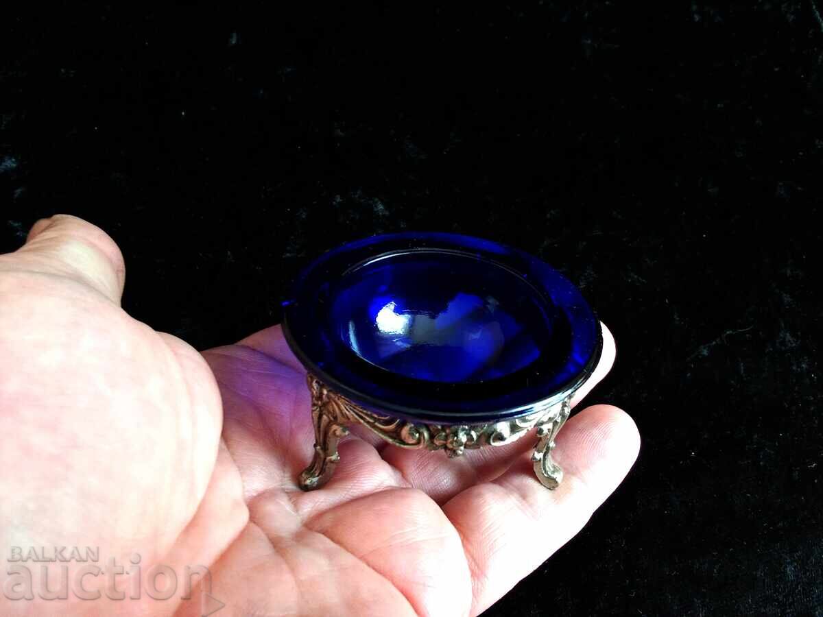 Кобалтова стъклена купа, калаена поставка, 3 крака, флорален - 5