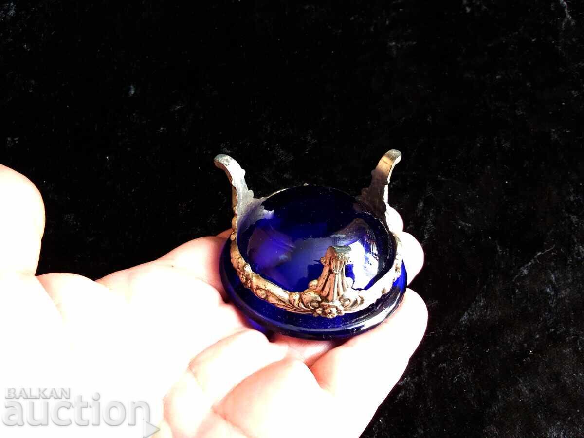 Кобалтова стъклена купа, калаена поставка, 3 крака, флорален - 6