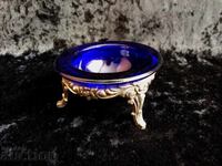 Кобалтова стъклена купа, калаена поставка, 3 крака, флорален