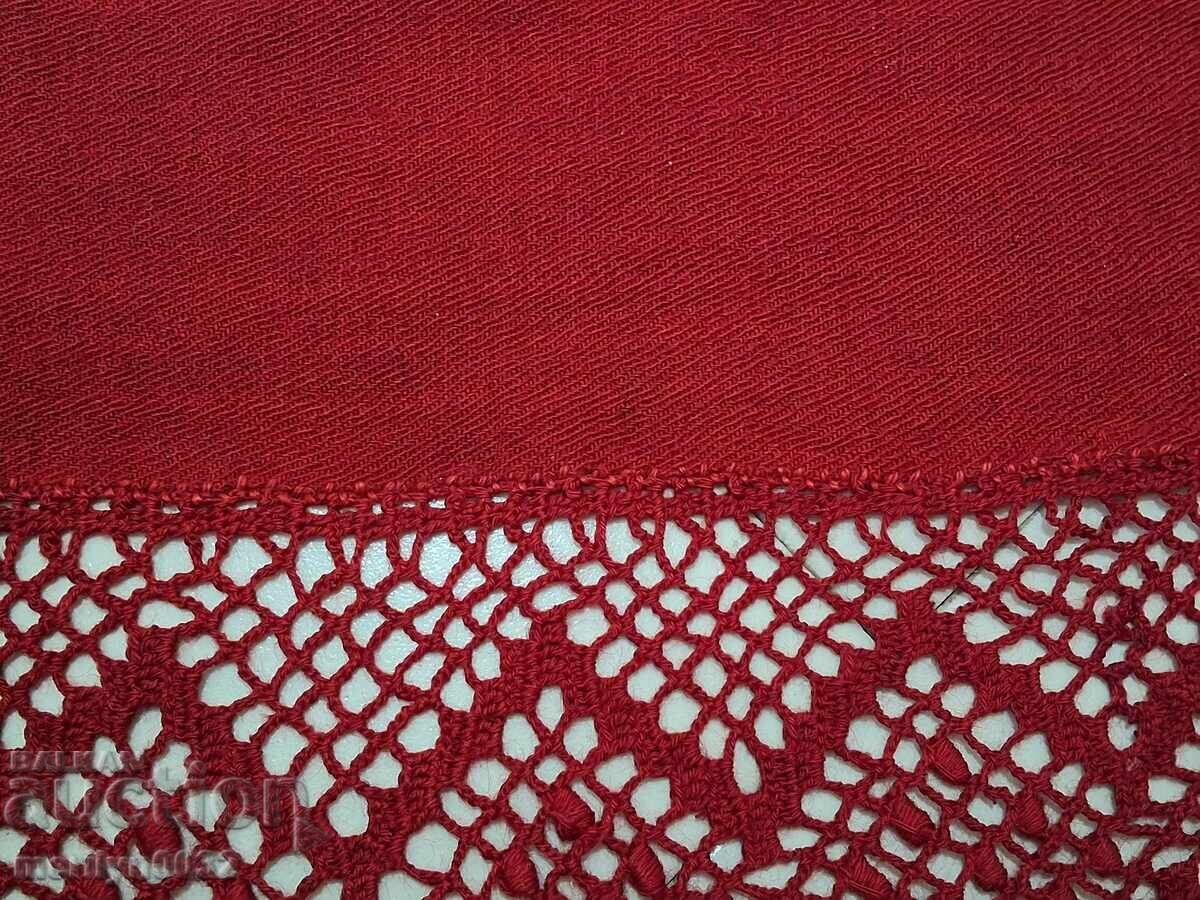 Стара вълнена покривка за легло от червен шаяк с дантела - 5