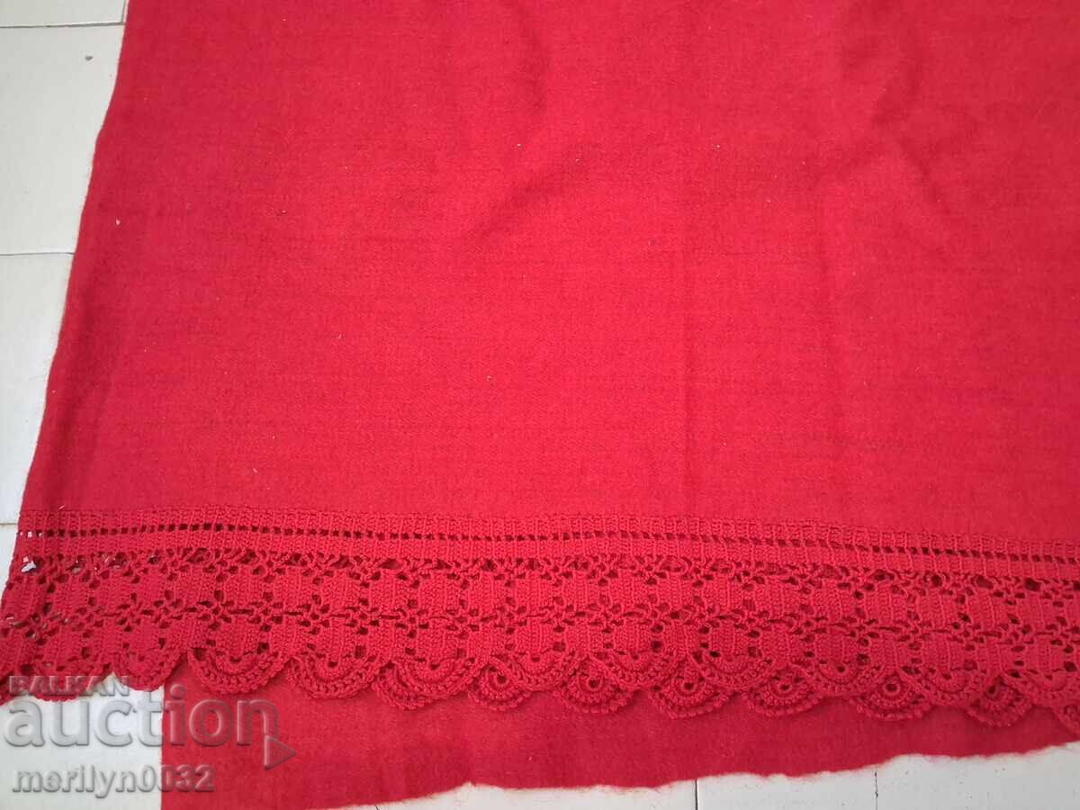 Cuvertură de pat veche din lână, postav roșu, cu dantelă - 6