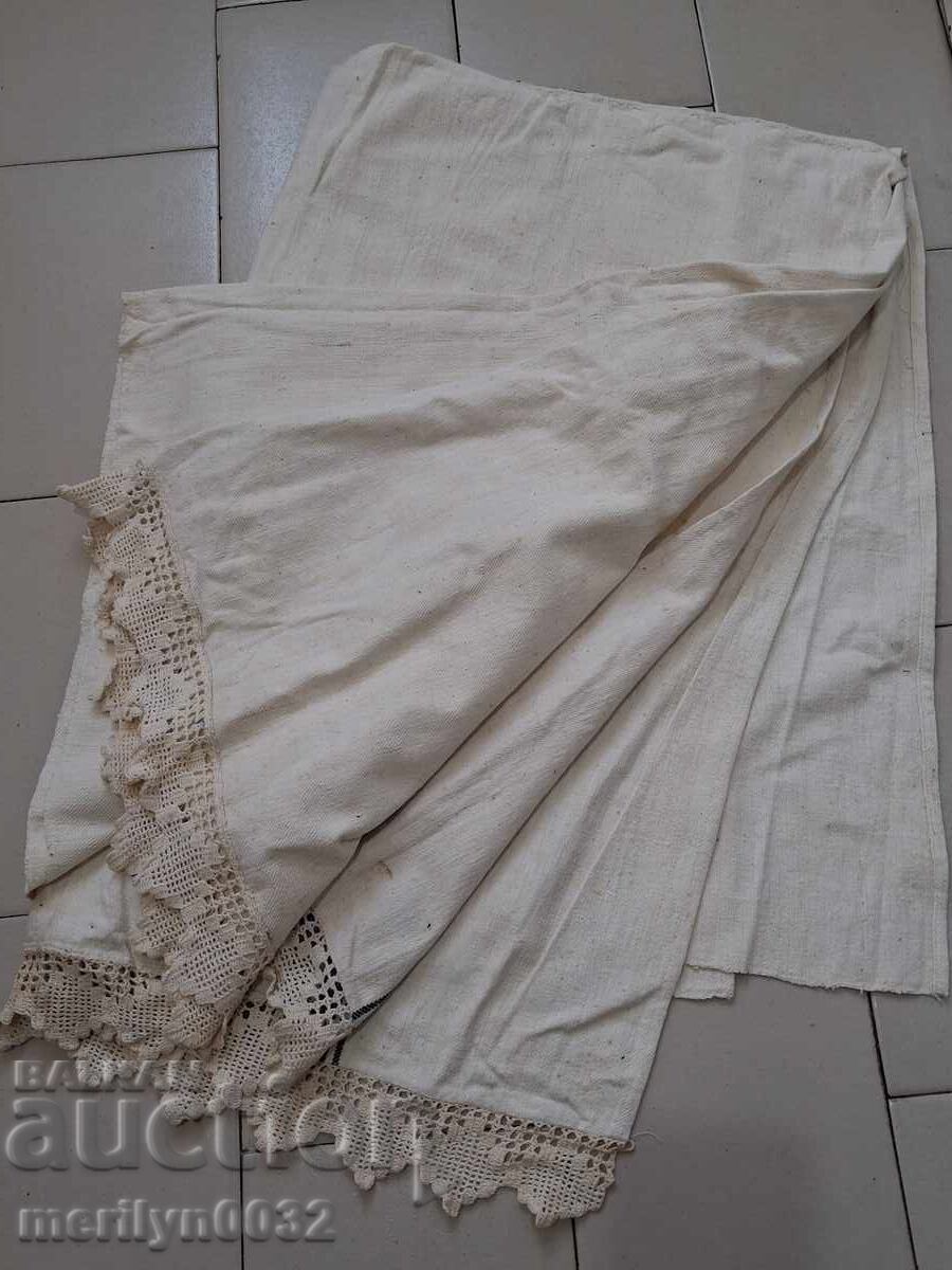 Cearșaf de pat vintage țesut manual cu bordură de dantelă Cearșaf de pat vintage țesut manual cu bordură de dantelă