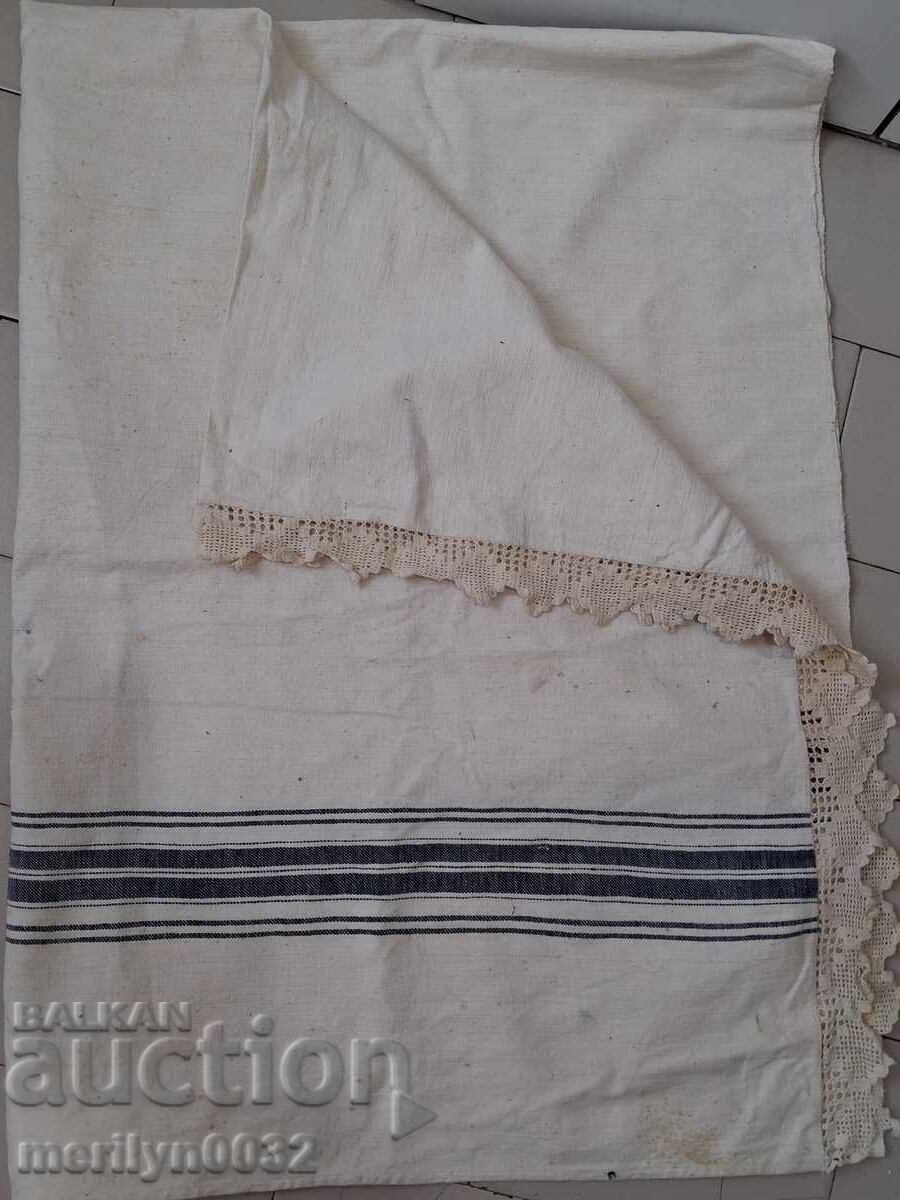 Παλιό χειροποίητο σεντόνι με δαντέλα 30s - 5