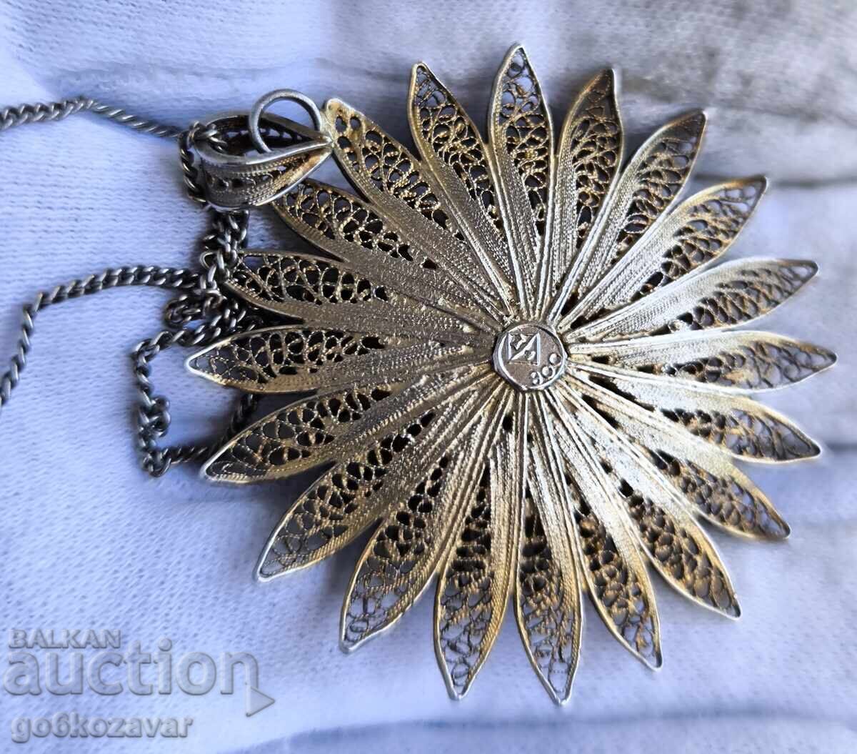 Colier vintage argint filigran, floare, argint 800 aurit! - 5