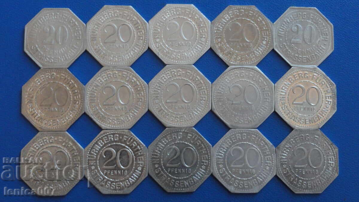 Germania (orașul Nürnberg) 1919 - 20 pfennig (notgeld) 15 buc cu preț € 100.00 | 195.58 BGN