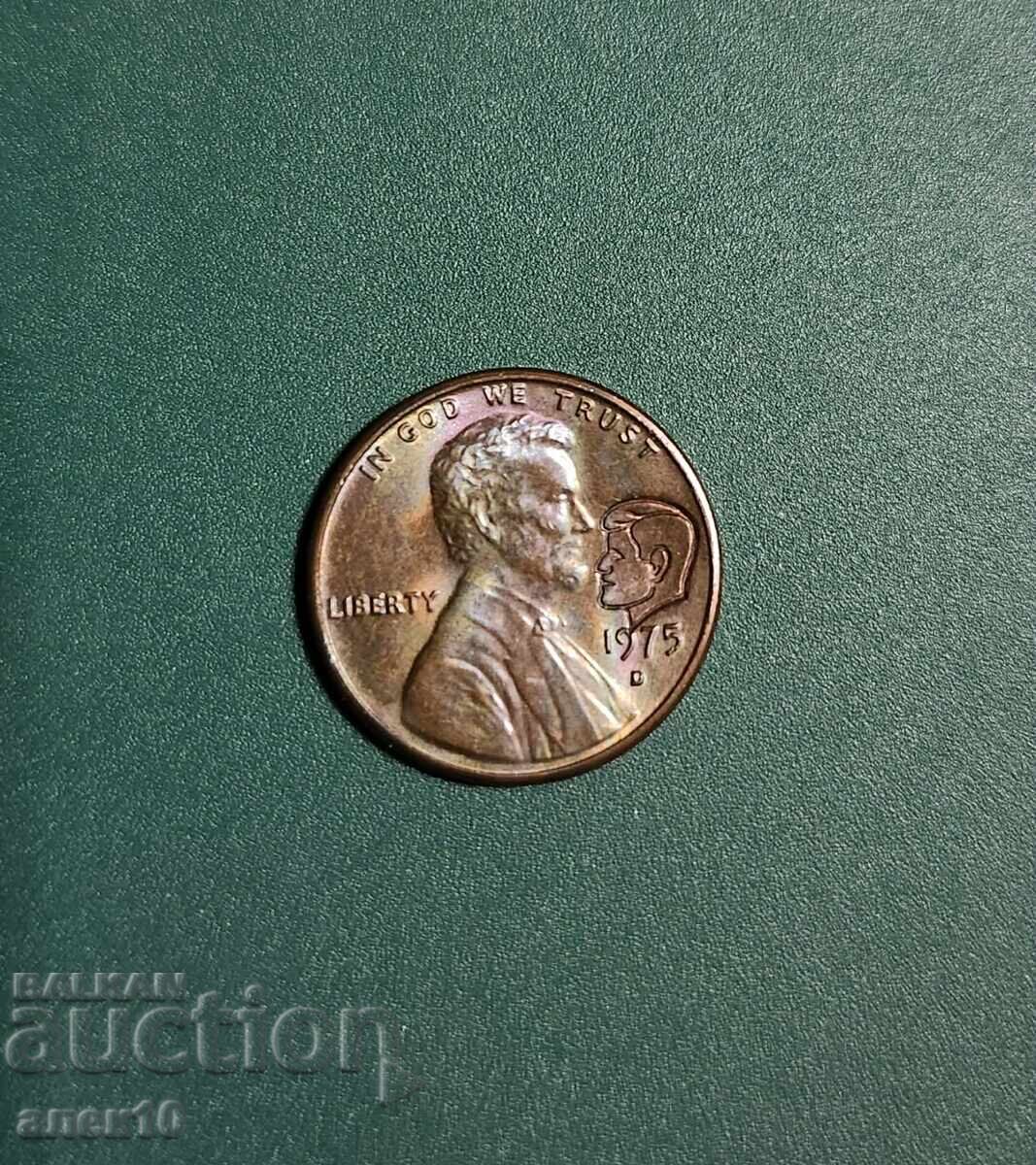 САЩ 1 цент 1975 Контрамарка Кенеди САЩ 1 цент 1975 Контрамарка Кенеди