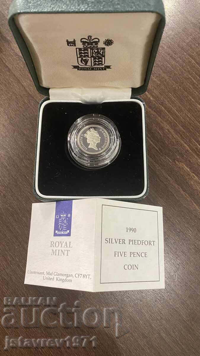 Licitație Rară Monedă de Argint 5 Pence 1990 Licitație Rară Monedă de Argint 5 Pence 1990