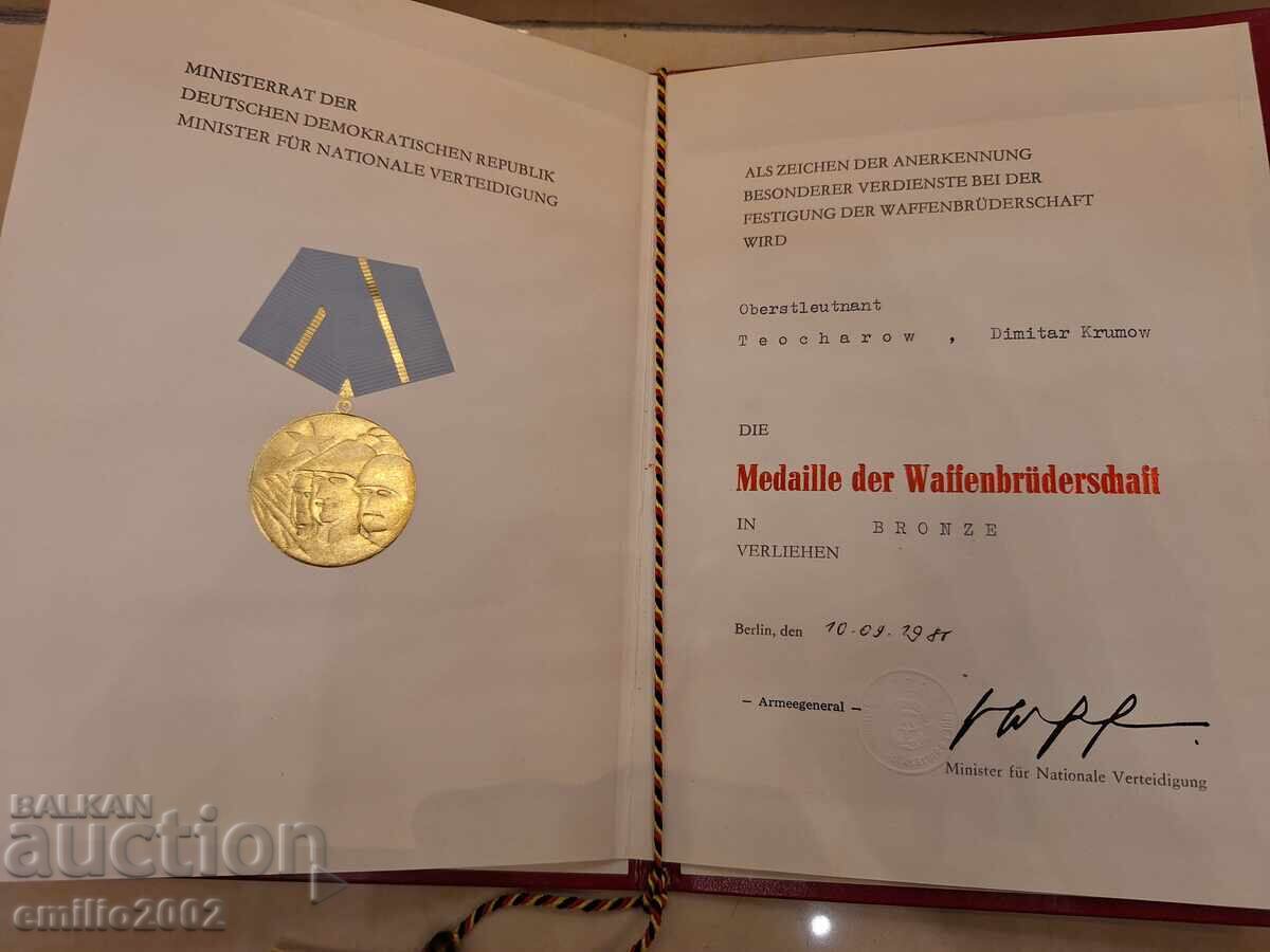 Certificat militar pentru medalie RDG retro socialist