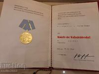 Certificat militar pentru medalie RDG retro socialist
