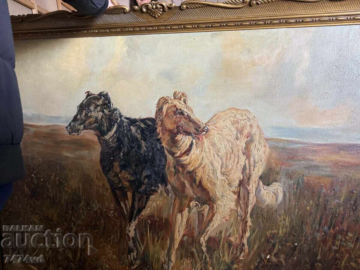 Licitație Pictură în ulei antică „Borzoi ruși” – Dimensiune muzeală Licitație Pictură în ulei antică „Borzoi ruși” – Dimensiune muzeală