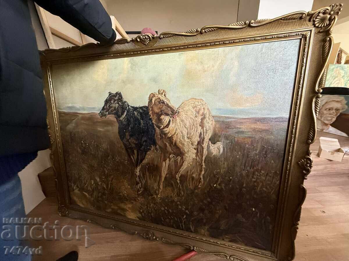 Livrarea Pictură în ulei antică „Borzoi ruși” – Dimensiune muzeală Livrarea Pictură în ulei antică „Borzoi ruși” – Dimensiune muzeală