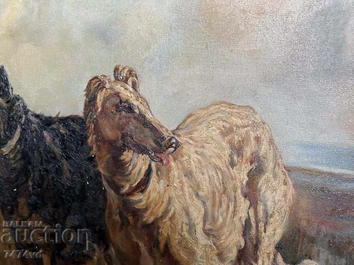 Pictură în ulei antică „Borzoi ruși” – Dimensiune muzeală - 6 Pictură în ulei antică „Borzoi ruși” – Dimensiune muzeală - 6