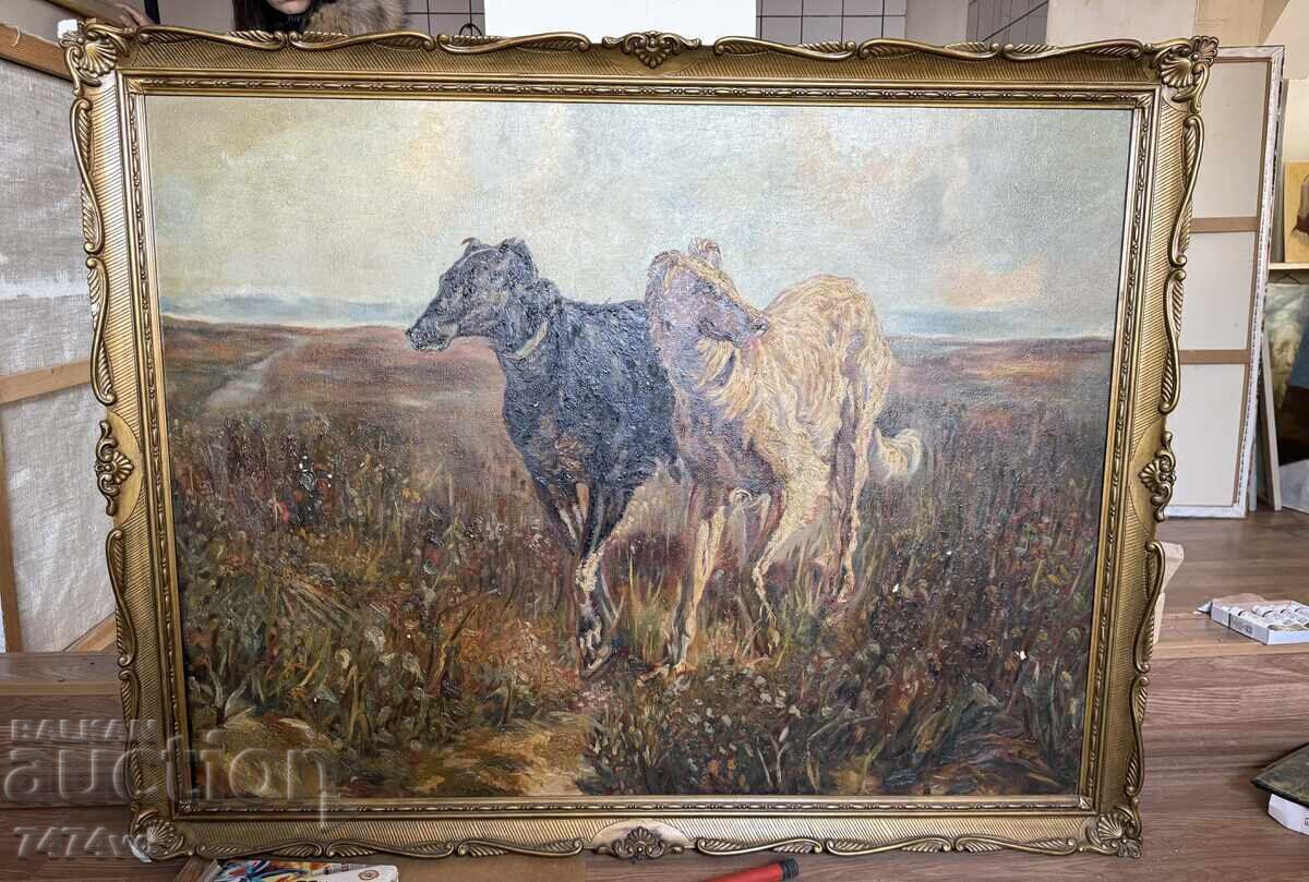Pictură în ulei antică „Borzoi ruși” – Dimensiune muzeală Pictură în ulei antică „Borzoi ruși” – Dimensiune muzeală