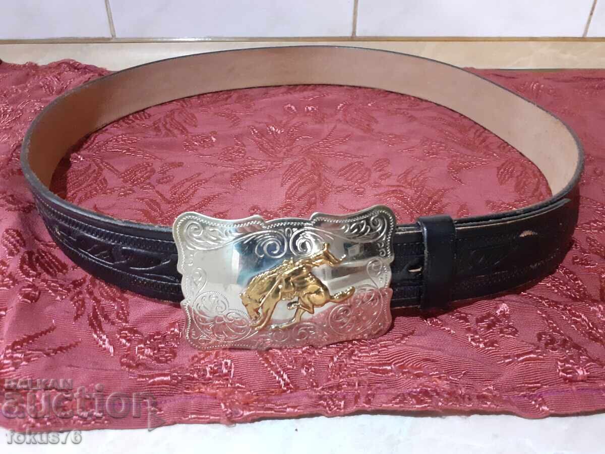 Centura americană vintage din piele cu cataramă argintată