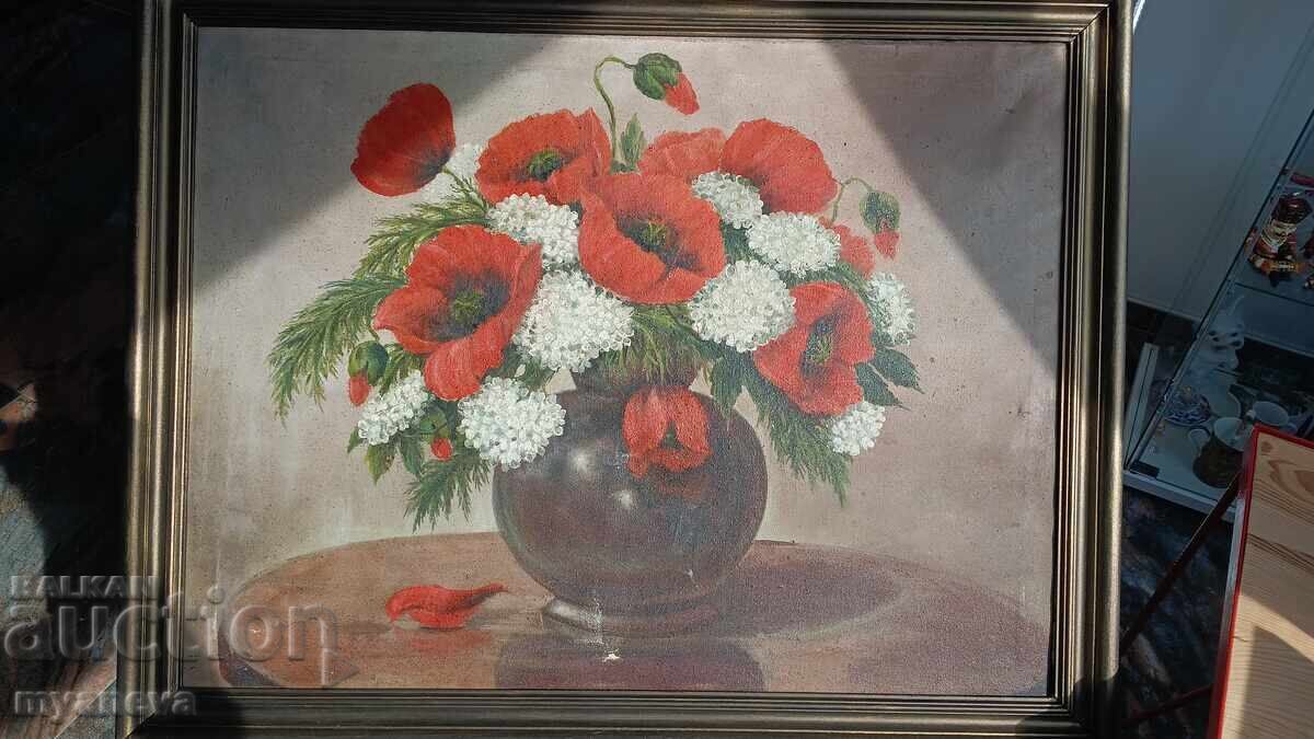 Old oil painting on canvas in a wooden frame