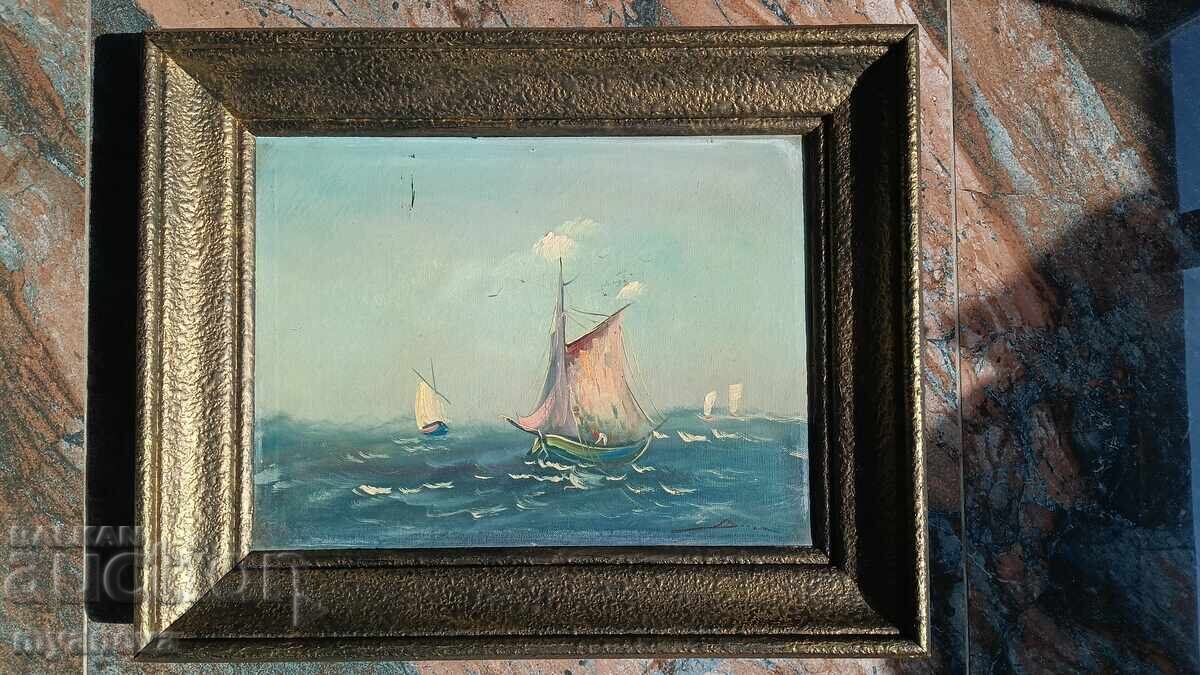 Аукцион Стара картина , морски пейзаж с маслени бои върху платно