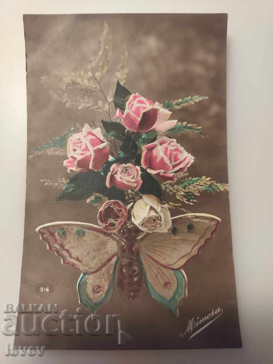 Δημοπρασία Παλιά γαλλική κάρτα με λουλούδια και πεταλούδα