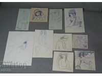 Lot 10 Vechi desene de maeștri portrete, erotică