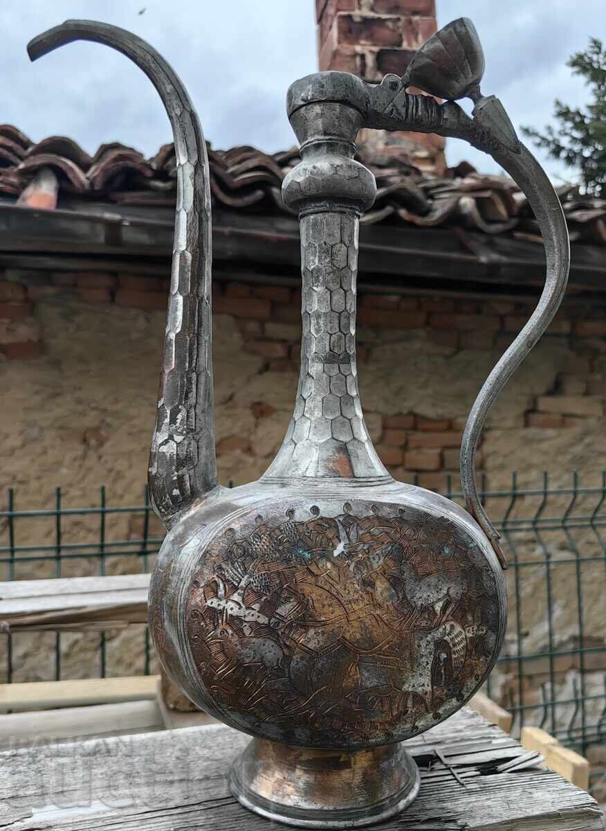 1.595 KG IBRIQ VECHI MARE MASIV DIN CUPRU CU GRAVURI BOGATE ZDR